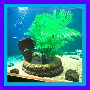 Aquarium Decoration - Gold Cobra Snake with Green Bushy Plant.